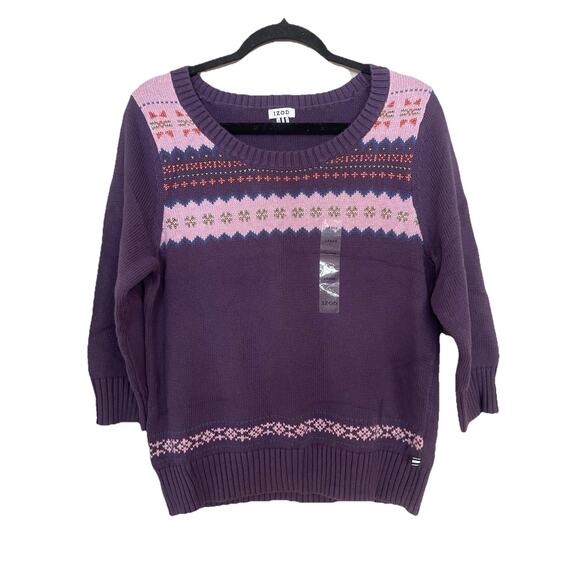 Izod Pink Purple 80s Style Three Quarter Sleeve Winter Fair Isle Cozy Sweater L - Picture 1 of 3